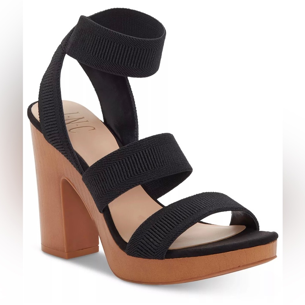 INC International Concepts Roesia Black Strappy Block Heel Sandals Size 6